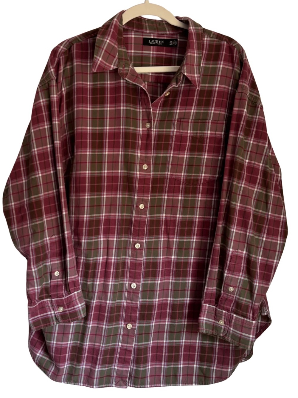 Lauren Ralph Lauren Plaid Button Up Shirt Womens Plus 2X Cotton Burgundy Olive - Picture 2 of 5